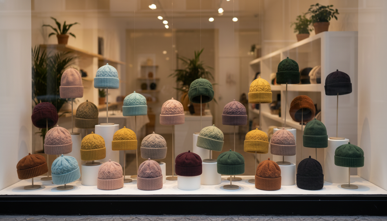 Витрина с разноцветными вязаными головными уборами