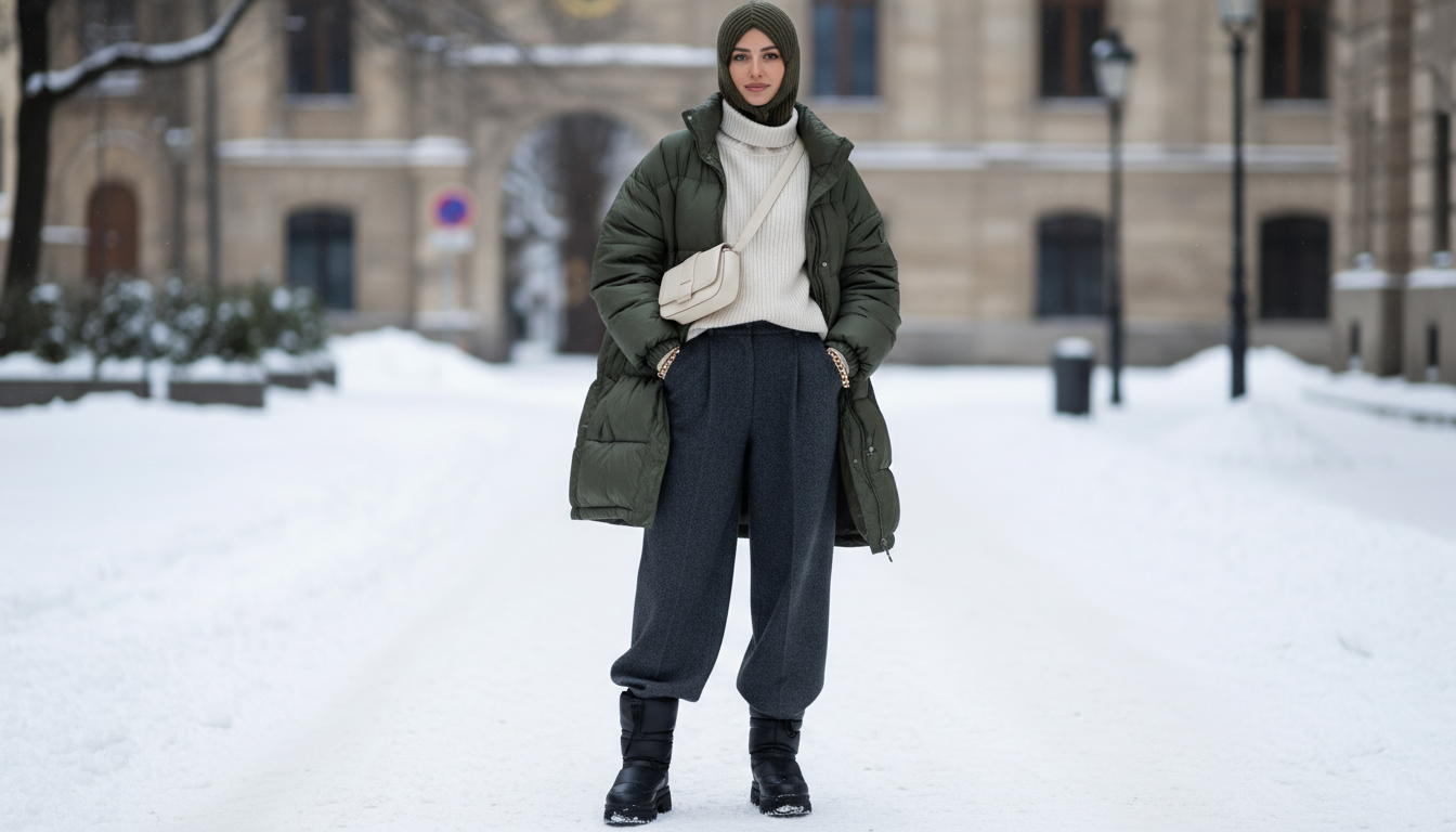 Девушка в стильном зимнем образе, сочетающая пуховик и балаклаву