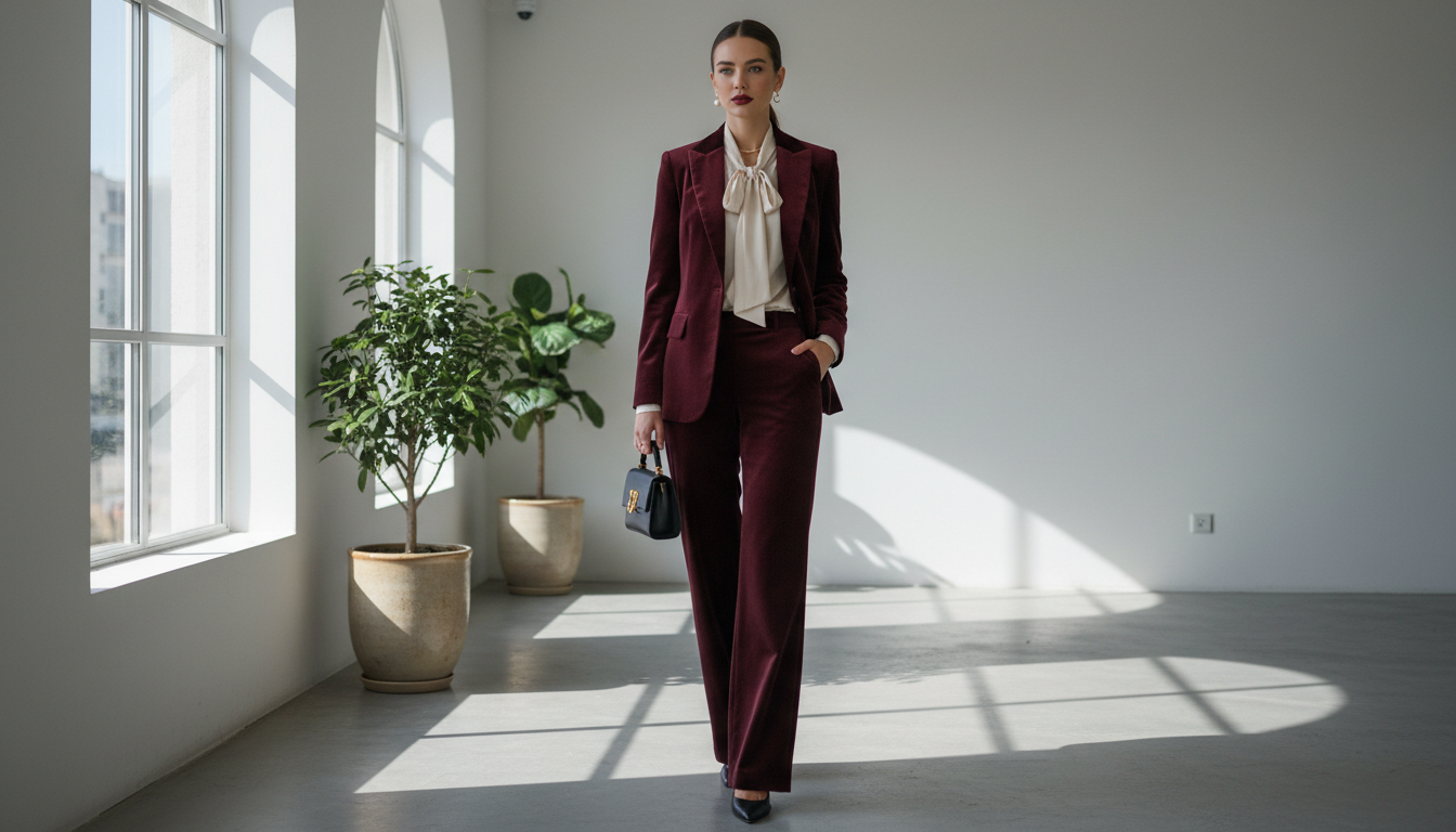 Женщина в бордовом бархатном брючном костюме, демонстрирующая элегантность и шик