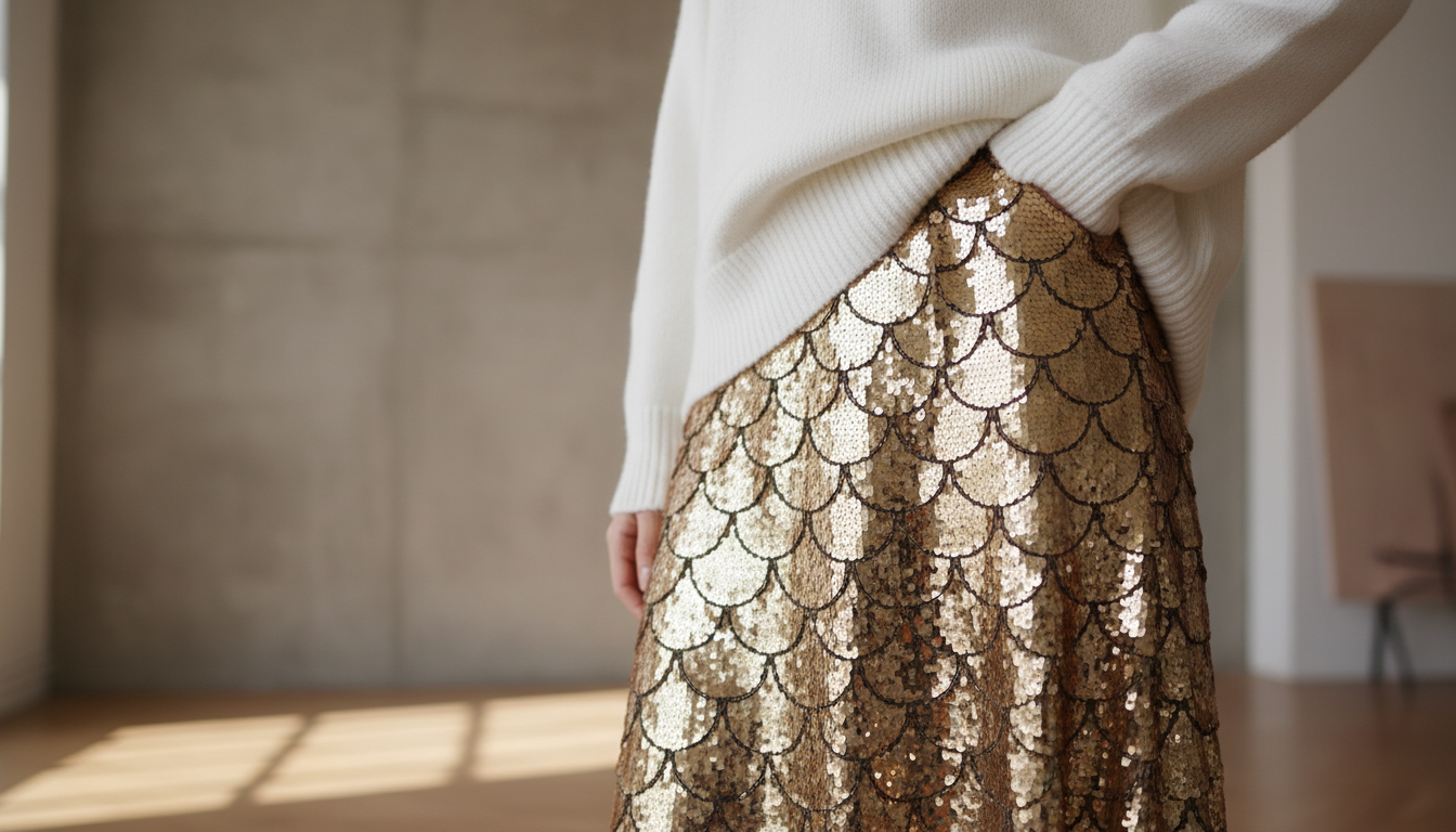 Крупный план юбки, расшитой матовыми золотыми пайетками, в сочетании с белым минималистичным свитером