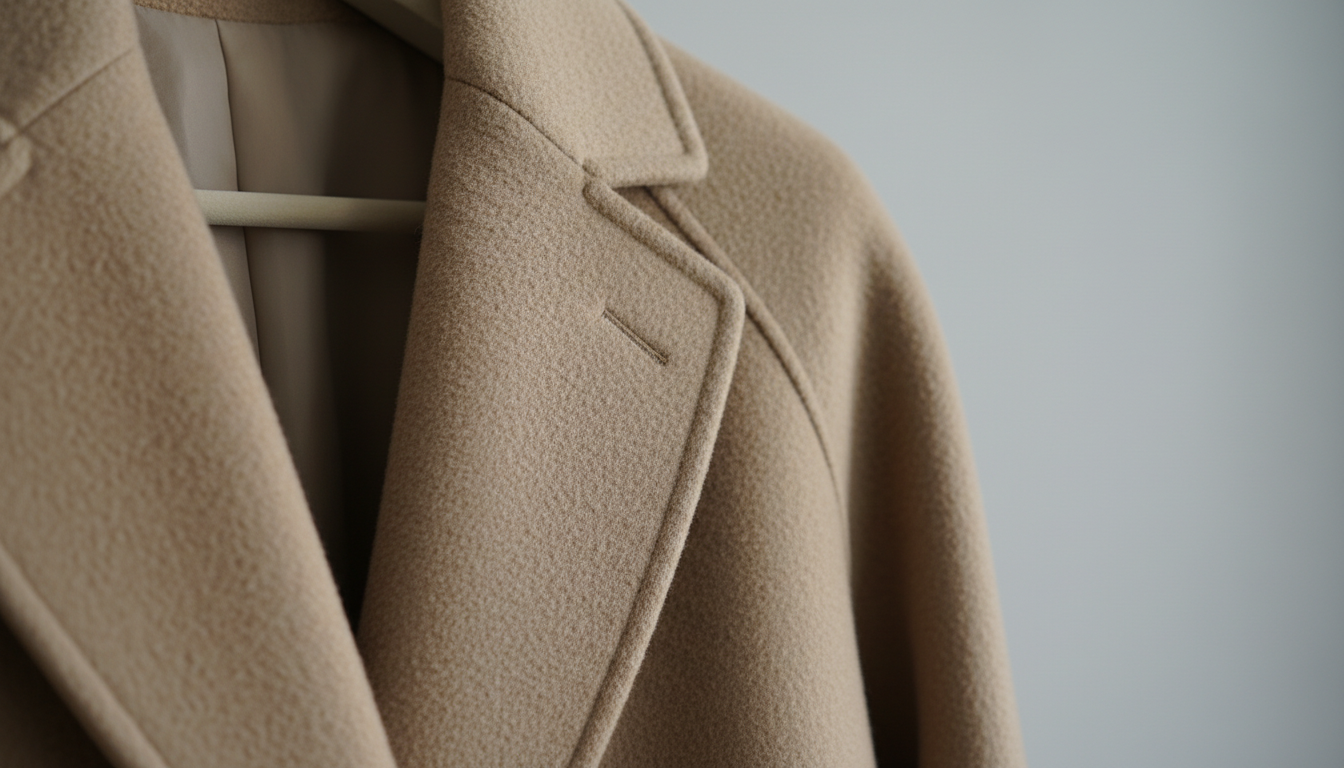 Детальный снимок текстуры плотного бежевого шерстяного пальто с идеальным швом