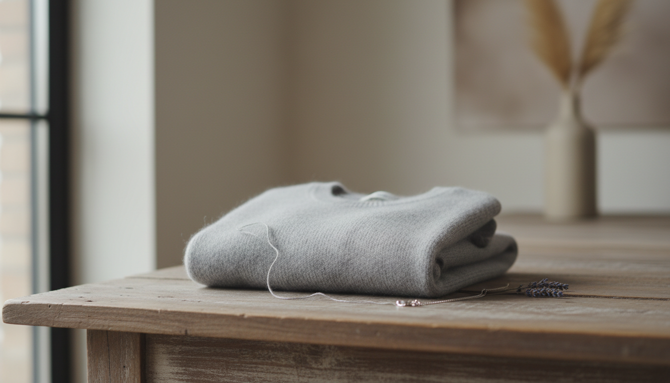Сложенный светло-серый кашемировый свитер на деревянной поверхности