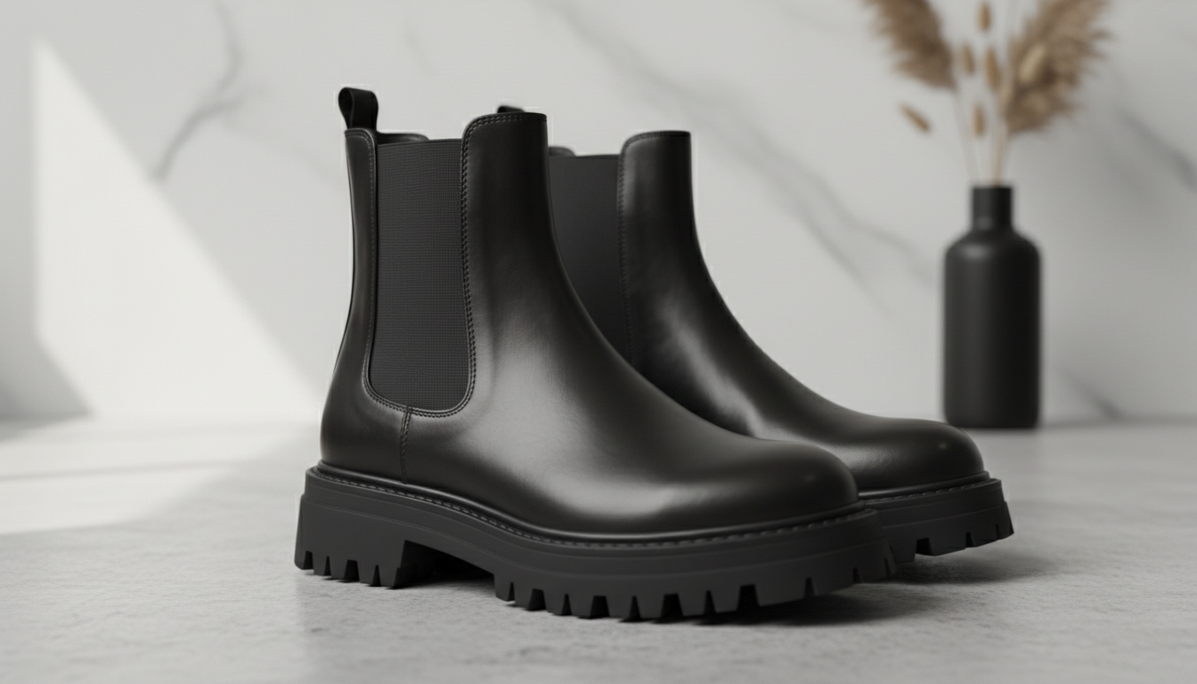Крупный план прочных черных кожаных ботинок-челси с толстой резиновой подошвой