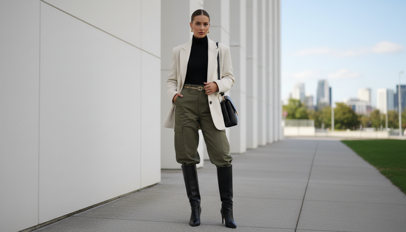 Стилизация брюк-карго, заправленных в высокие сапоги.