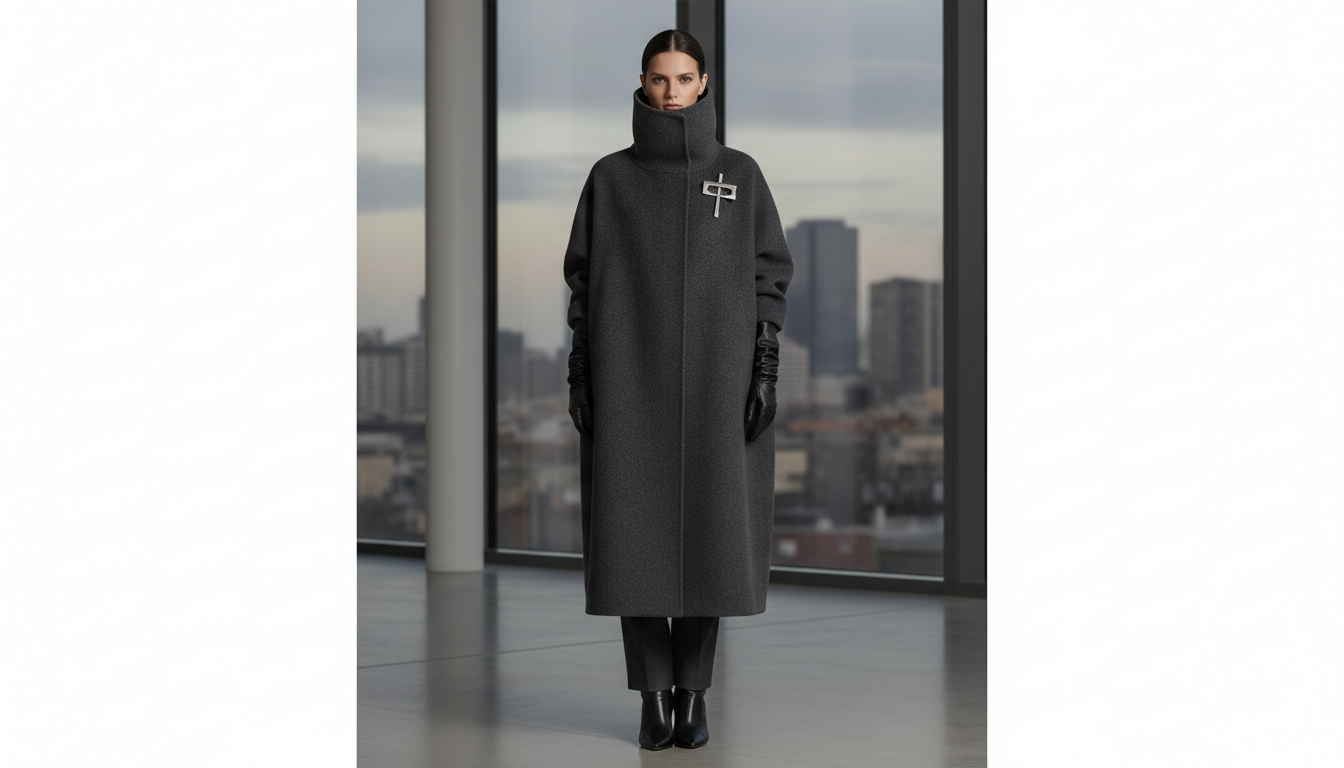 Девушка в длинном сером пальто-кокон с высоким воротником