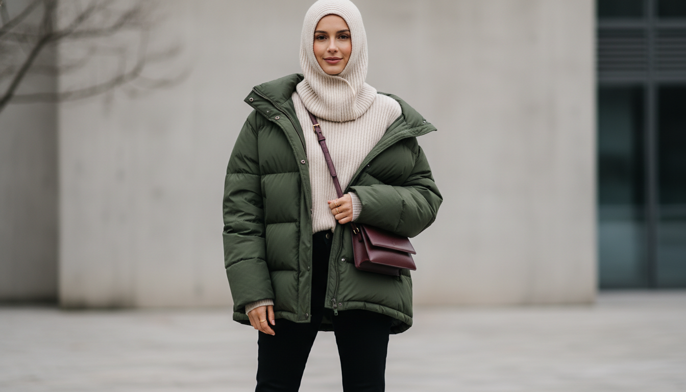 Стильный образ с пуховиком и вязаной балаклавой