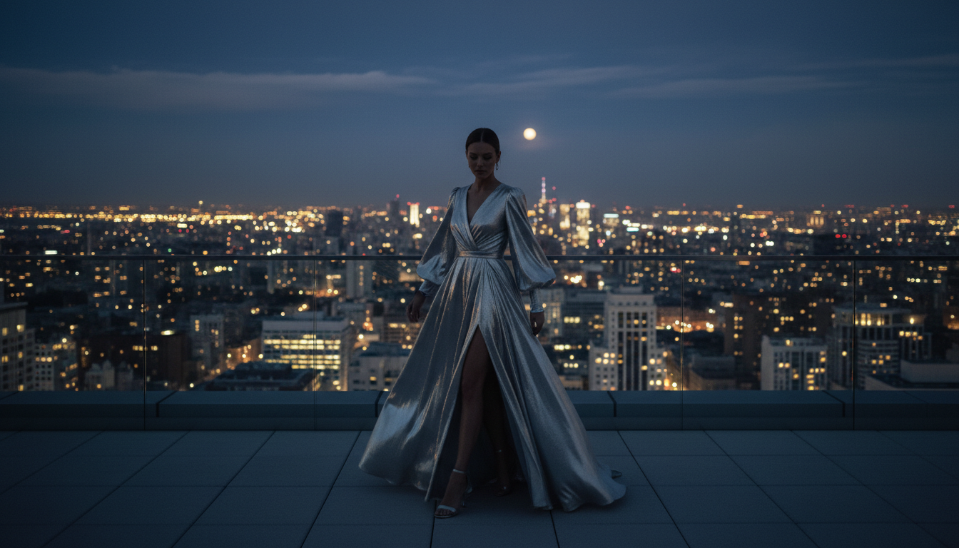Девушка в длинном струящемся платье серебряного металлика на фоне ночного города.
