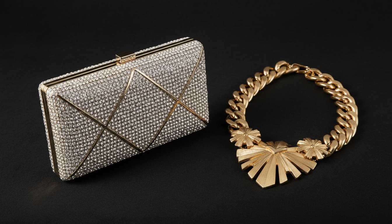 Аксессуары для вечеринки: клатч, покрытый кристаллами, и массивное золотое колье на черном фоне.