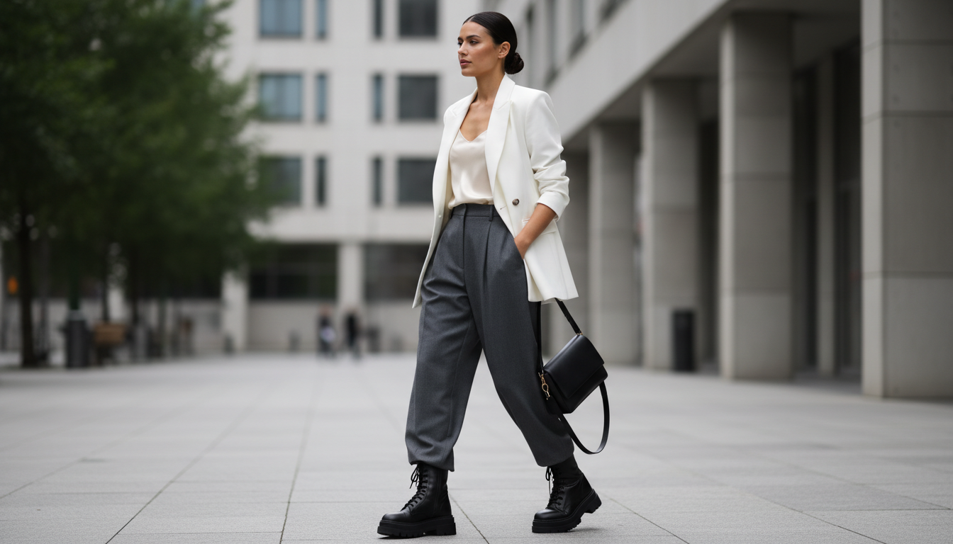 Женщина в широких серых брюках, заправленных в черные массивные ботинки, и белом блейзере.
