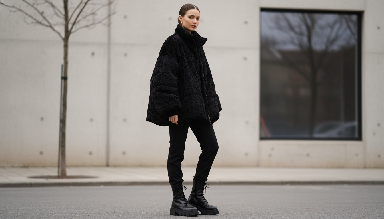 Объемный черный пуховик и массивные ботинки на тракторной подошве.