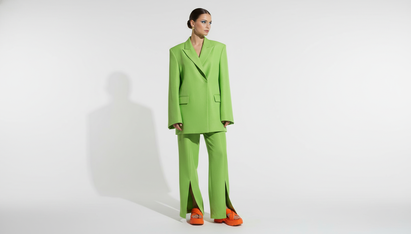 Яркий, кислотно-зеленый костюм-двойка с необычным кроем, демонстрирующий тренд на дофаминовые цвета.