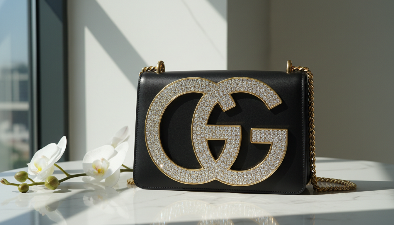 Сумка с крупным металлическим логотипом, инкрустированным стразами, как символ возвращения логомании.