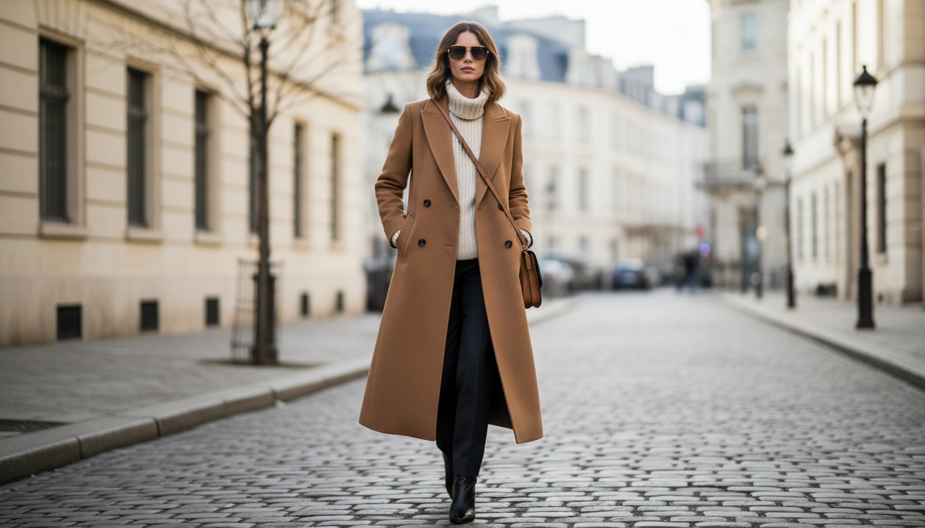 классическое двубортное шерстяное пальто верблюжьего цвета