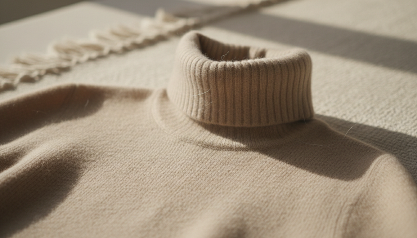 крупный план уютного бежевого кашемирового свитера с высоким горлом