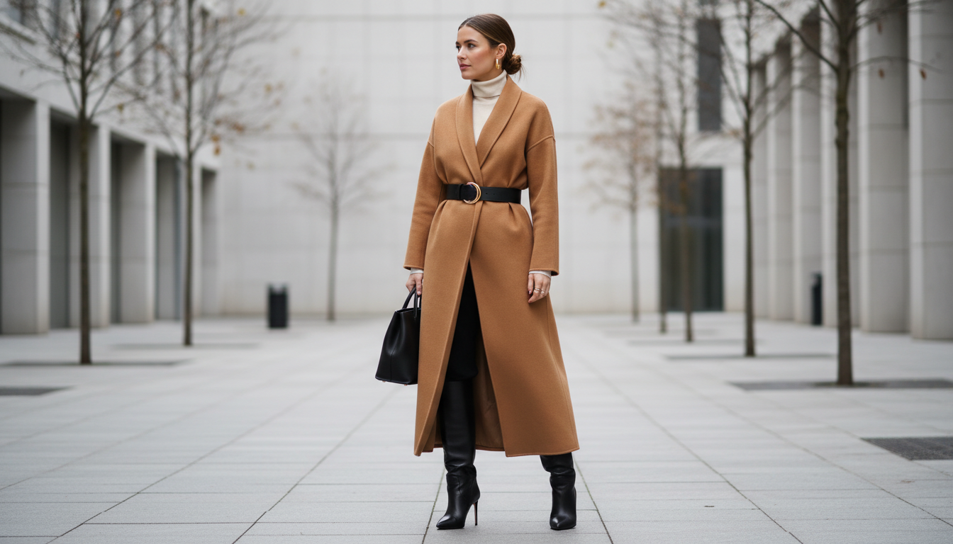 Модный образ с длинным пальто-халатом, широким ремнем и высокими кожаными сапогами.
