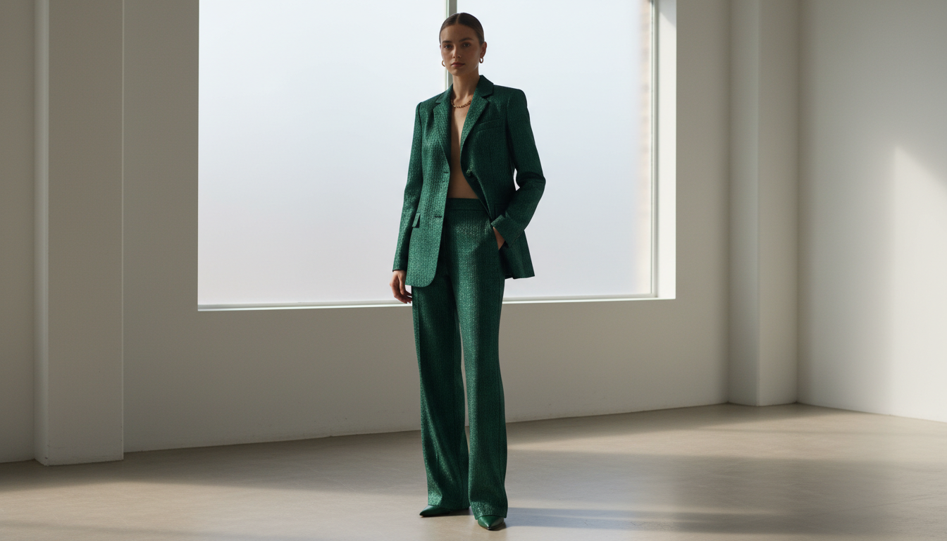 Брючный костюм из плотного люрекса глубокого изумрудного цвета.