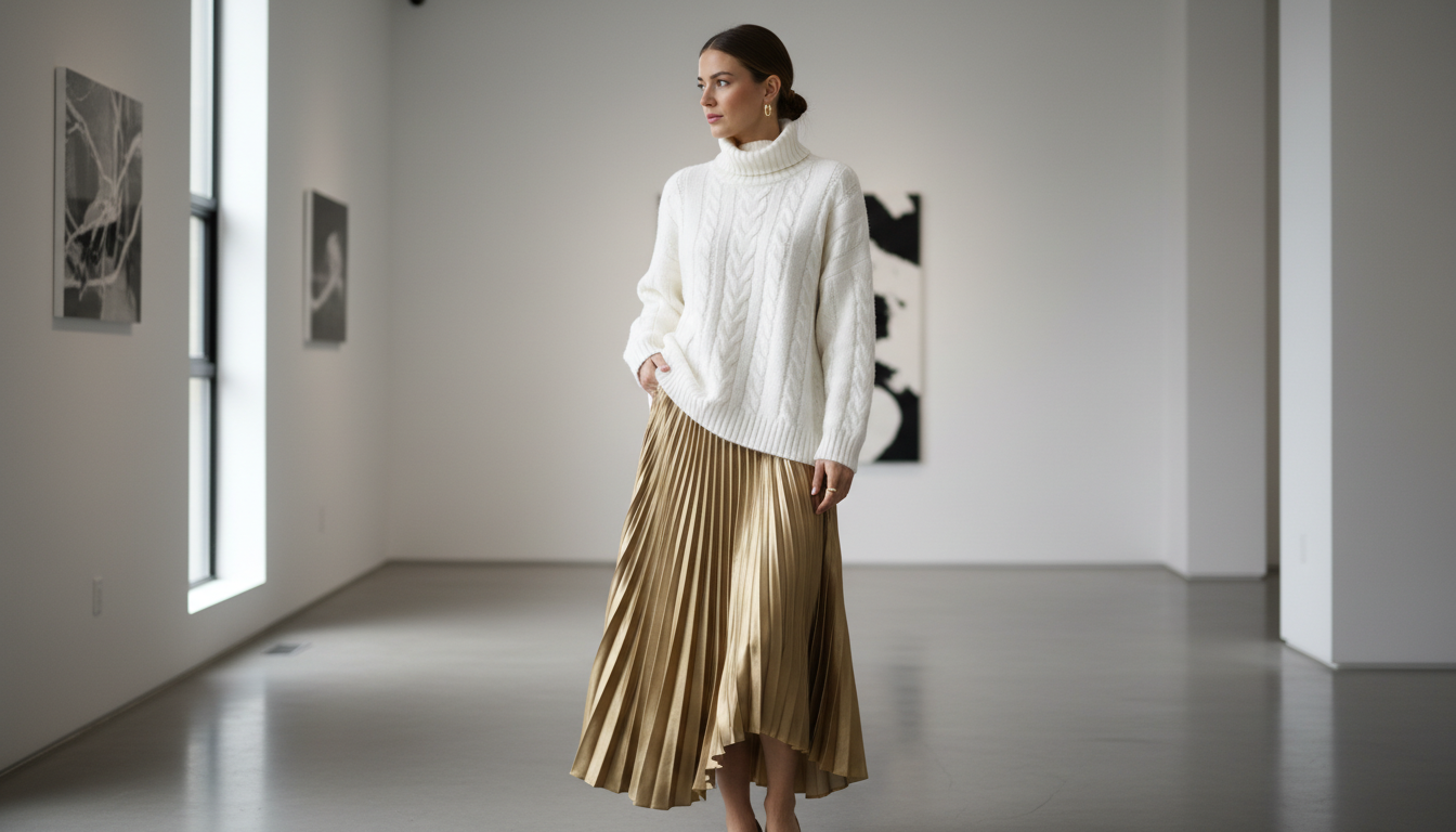 Девушка в объемном белом свитере и юбке из жидкого золота.