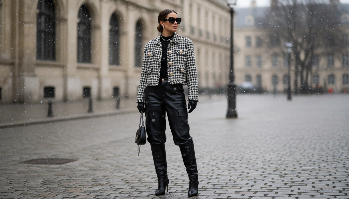 Стилизованный зимний образ: широкие кожаные карго-брюки, заправленные в высокие элегантные сапоги, и укороченный твидовый жакет
