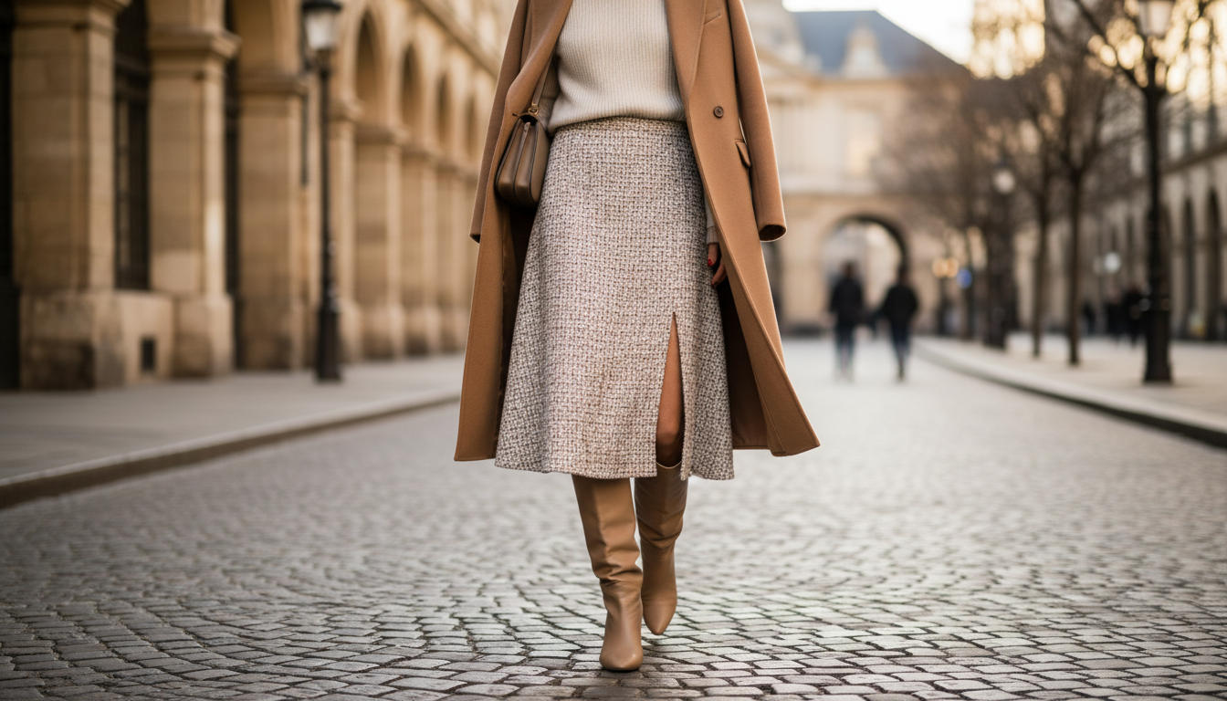 Бежевые сапоги-трубы под миди-юбкой с разрезом из твида