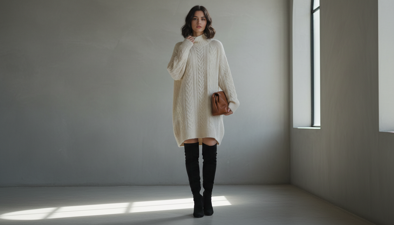 Девушка в длинном вязаном платье оверсайз и черных замшевых ботфортах