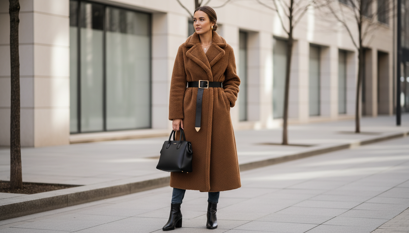 Стилизация длинного коричневого Teddy Coat с широким кожаным ремнем