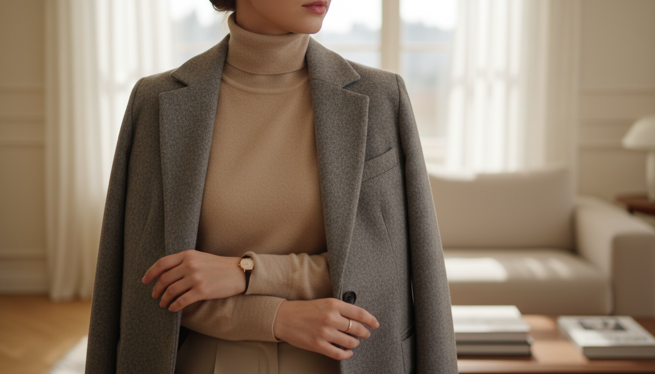 Бежевая кашемировая водолазка идеальной посадки, надетая под шерстяной блейзер.