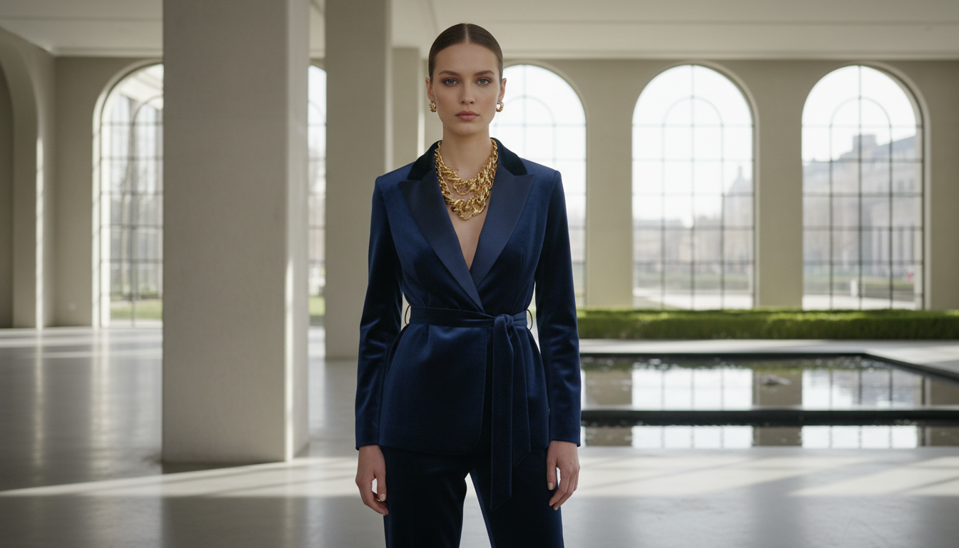 Модель в темно-синем бархатном брючном костюме, стилизованном под смокинг, с массивным золотым колье.