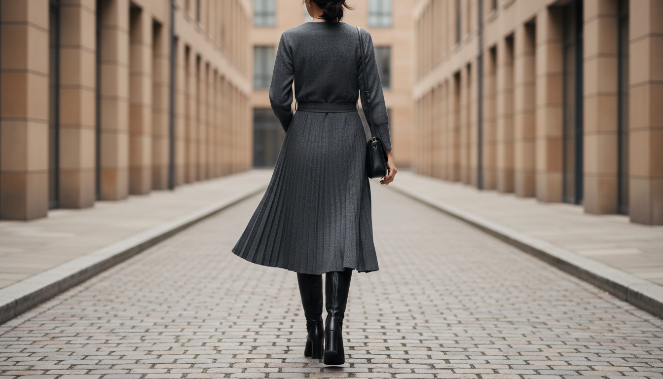 Стилизация черных кожаных ботфортов под плиссированным шерстяным платьем миди