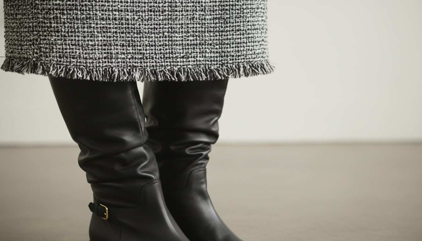 Крупный план на голенище сапога-трубы и подол юбки из твида