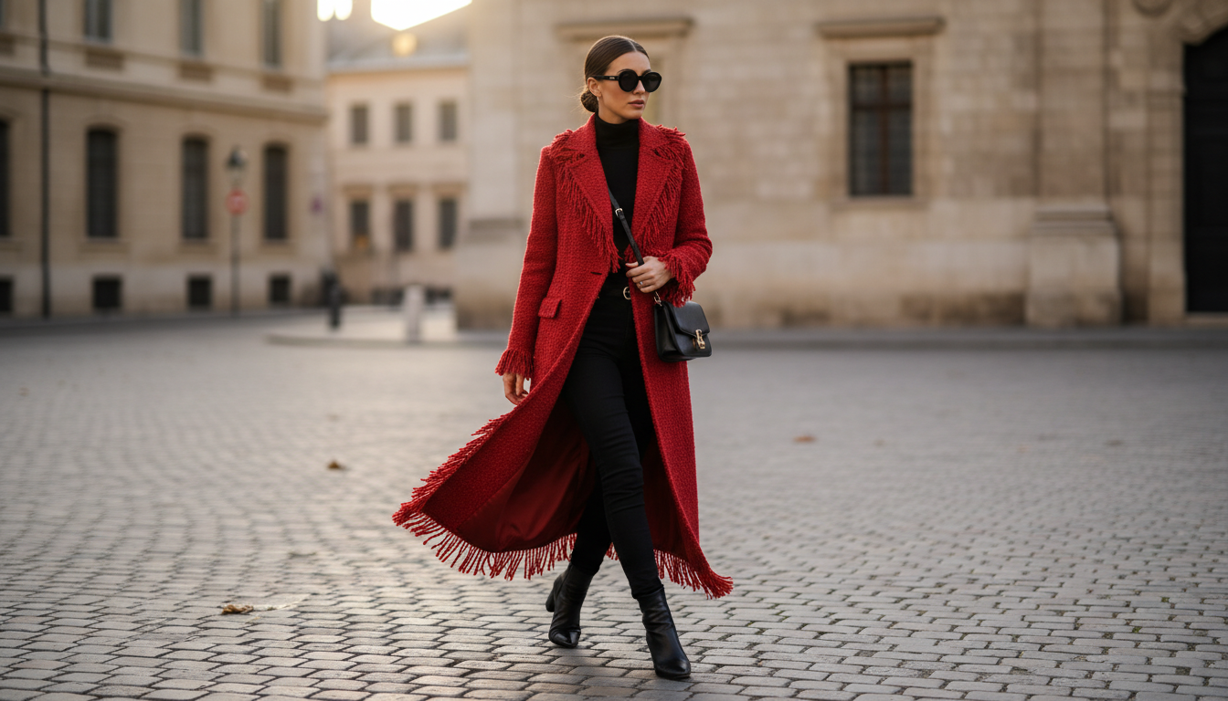 Длинное пальто из красного твида с бахромой