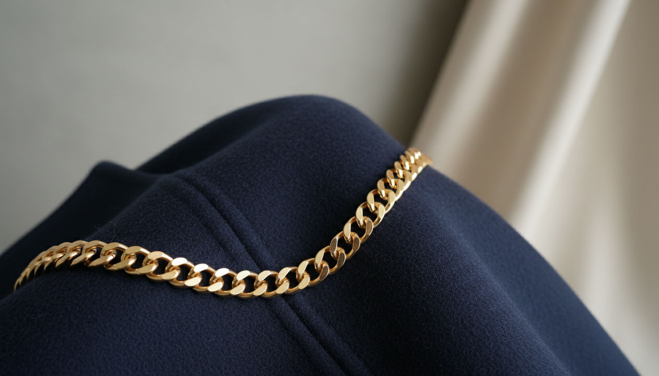 Крупный план золотого ремня-цепочки на темно-синем пальто