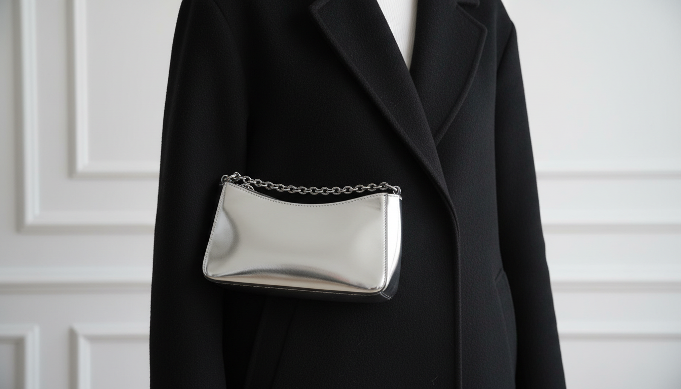 Серебряная сумка-багет на фоне черного пальто