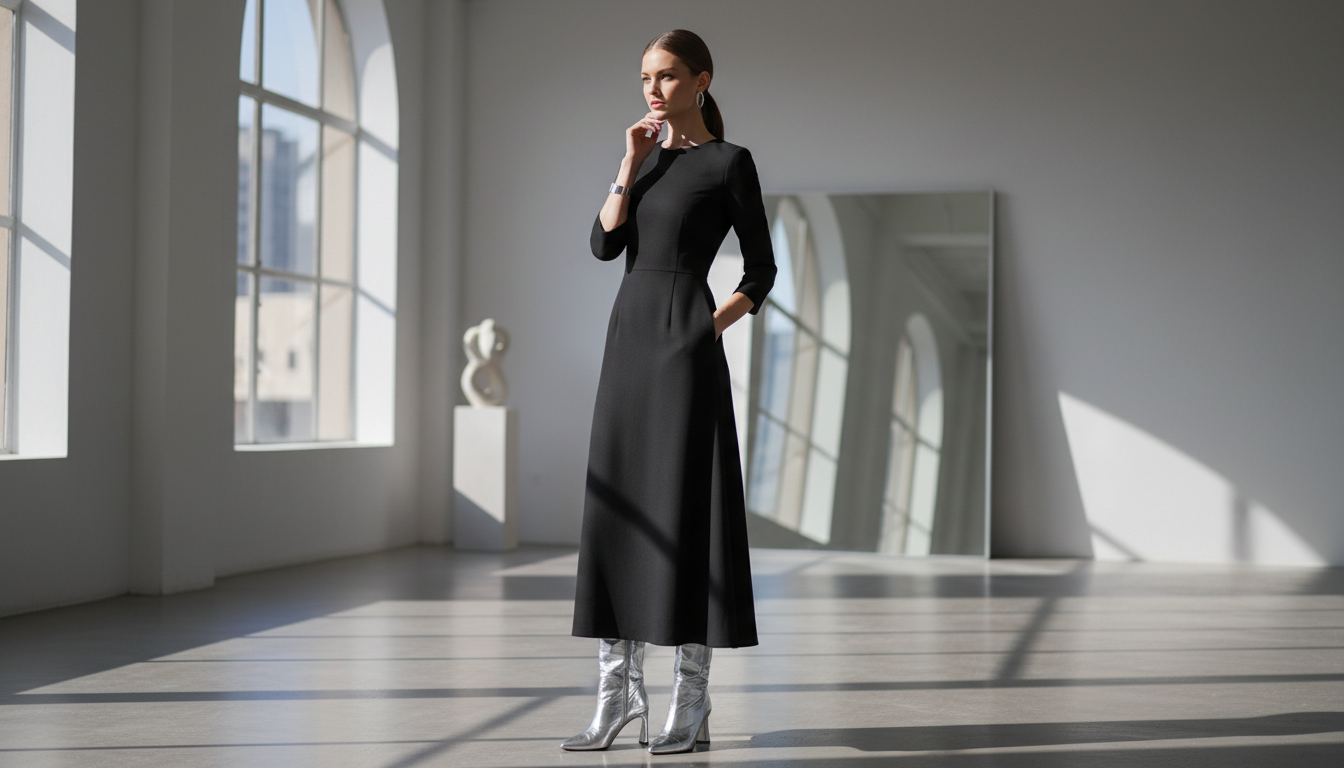 Модель в серебряных сапогах и минималистичном черном платье