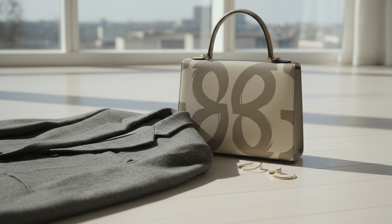 Сумка с крупным, но стилизованным монограмным принтом, лежащая рядом с идеально скроенным серым жакетом.