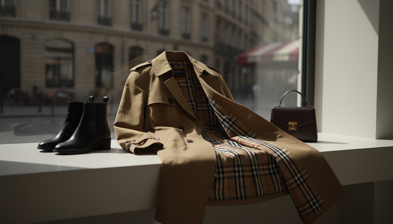 Классический тренч или пальто с фирменной подкладкой, выглядывающей изнутри.