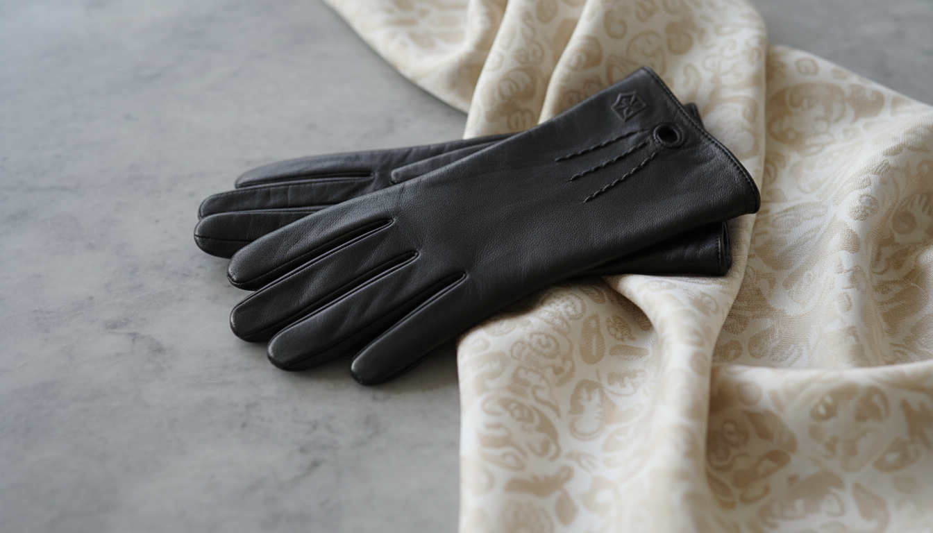 Крупный план на кожаные перчатки и шелковый шарф, где логотип еле заметен на краю.