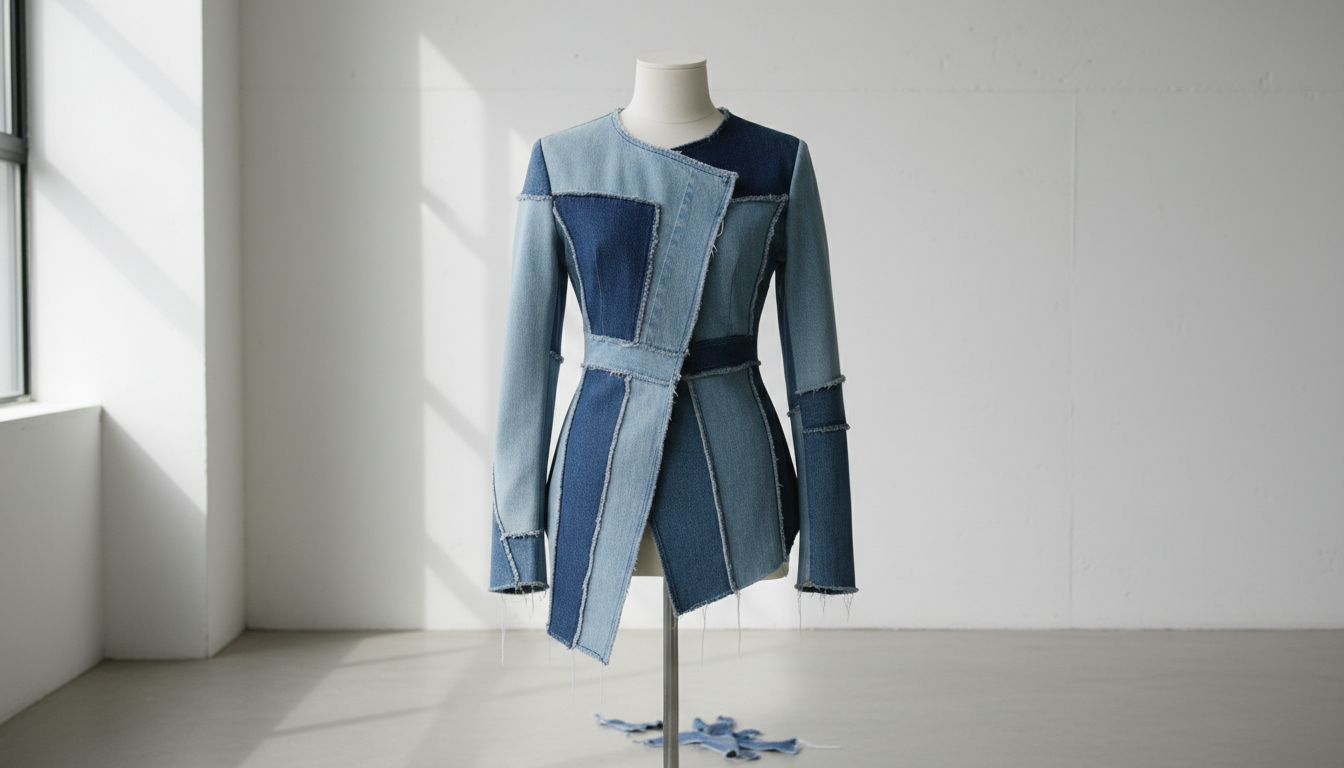 Деконструированная джинсовая куртка, собранная из разных оттенков синего денима.