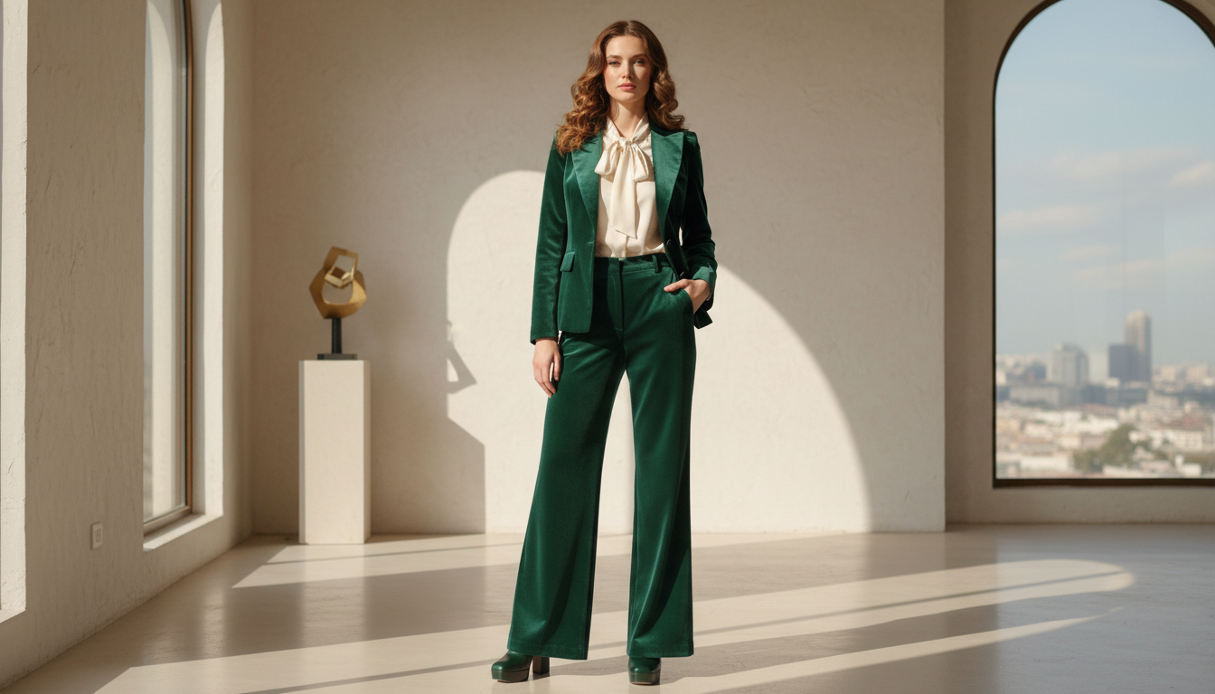 Девушка в изумрудном бархатном брючном костюме, стилизованном под 70-е