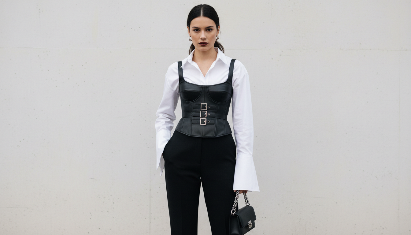 Модель в черном кожаном корсете, надетом поверх белой рубашки
