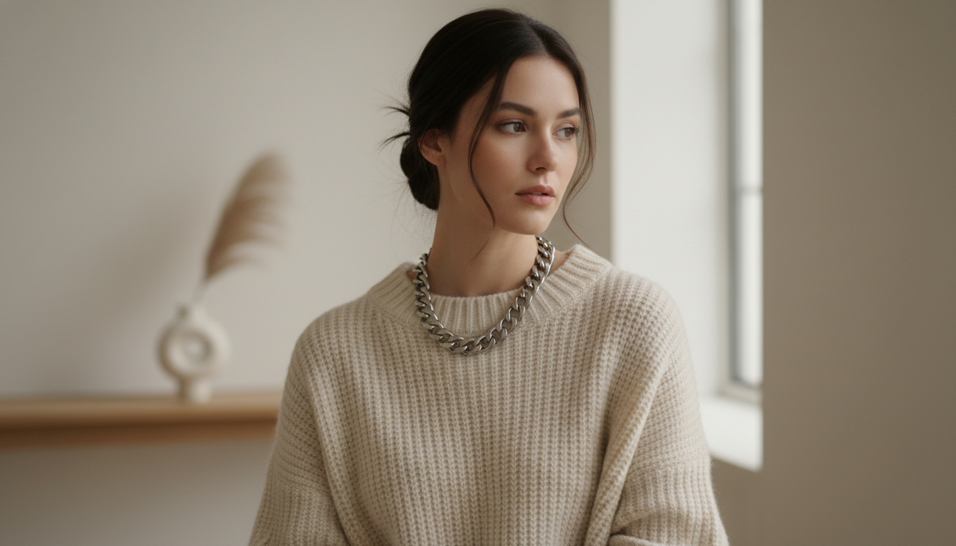 Девушка в объемном вязаном свитере и с крупной серебряной цепью на шее