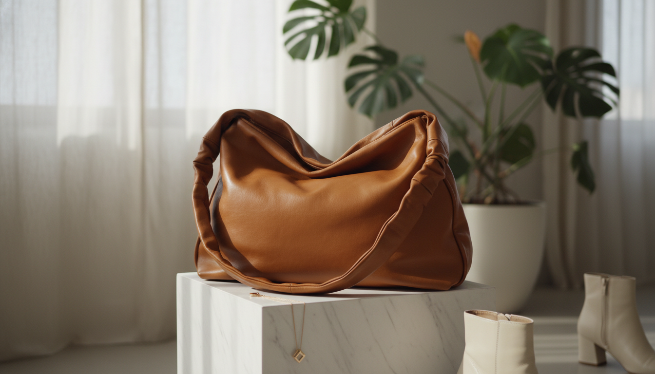 Объемная сумка-хобо из мягкой кожи коричневого цвета
