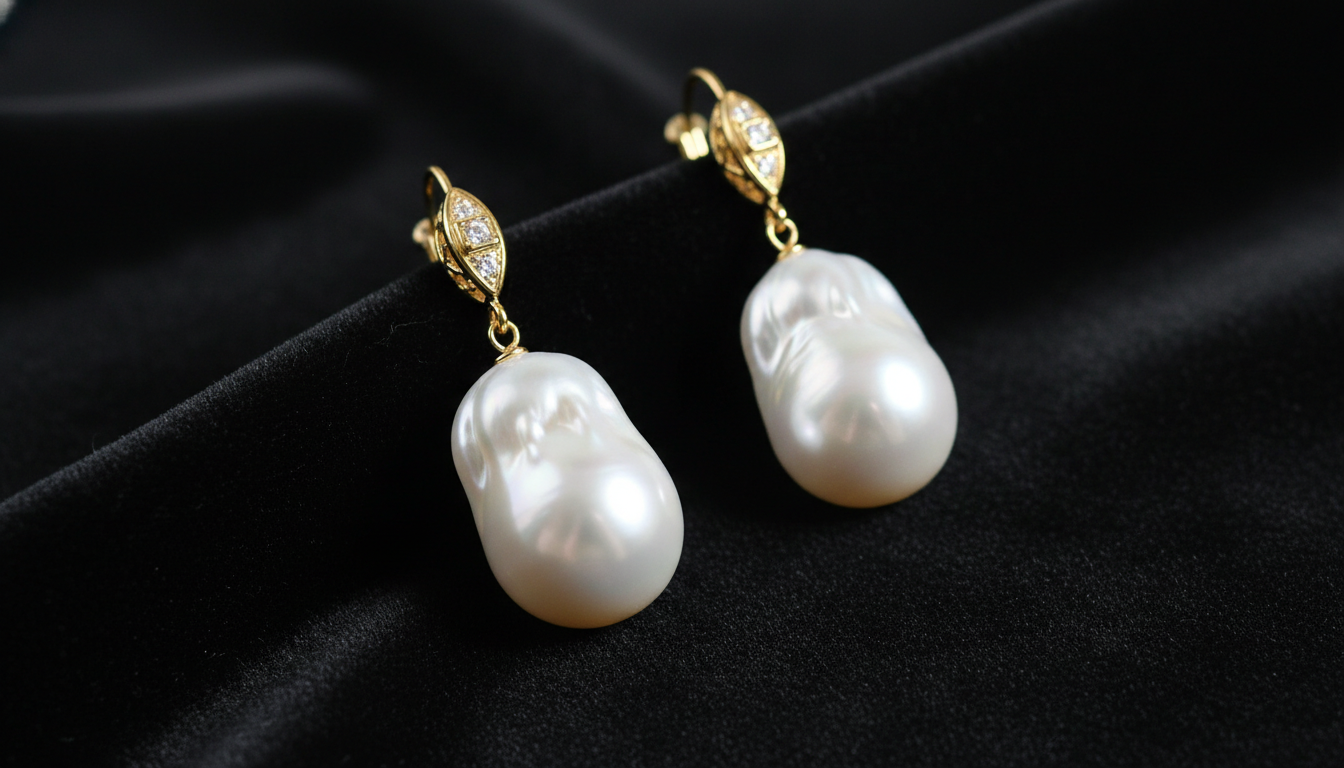 Крупные серьги с барочным жемчугом на фоне черного бархата