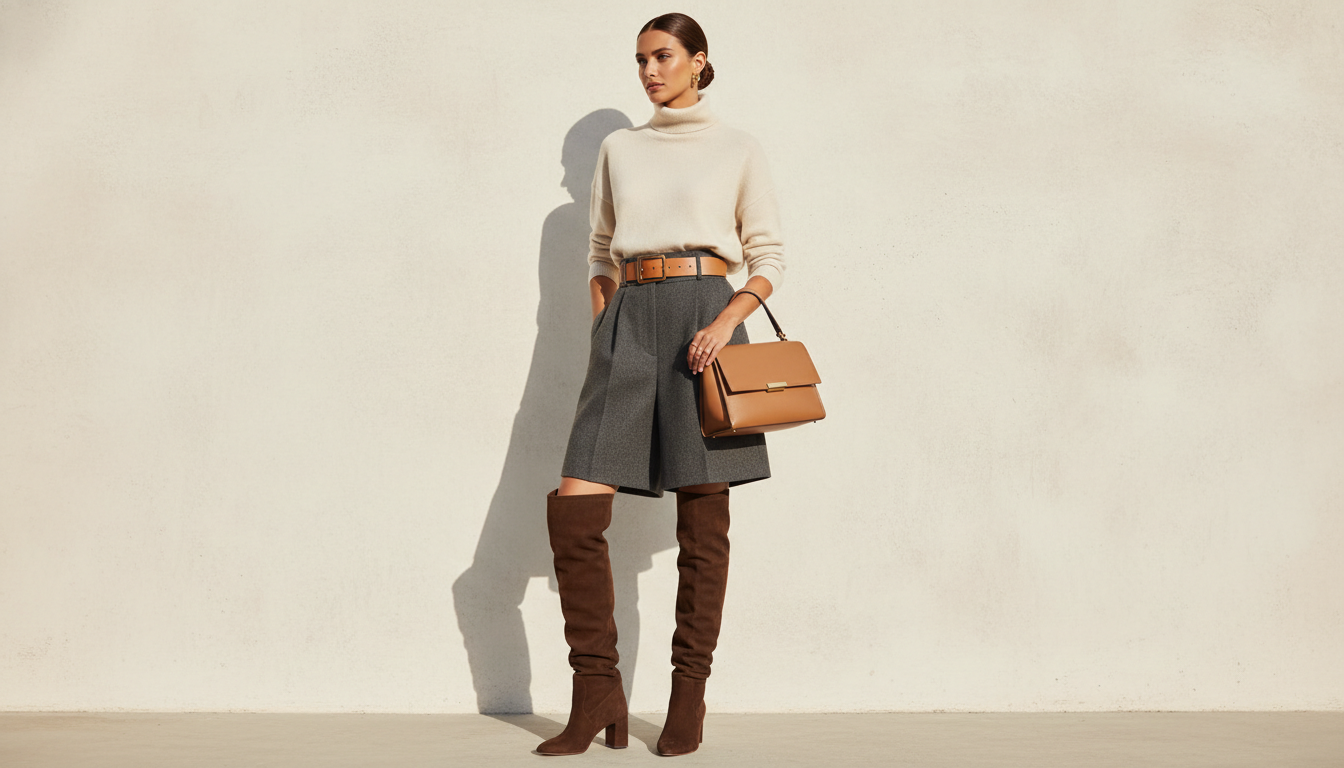 Модель в широких шерстяных шортах и высоких замшевых сапогах