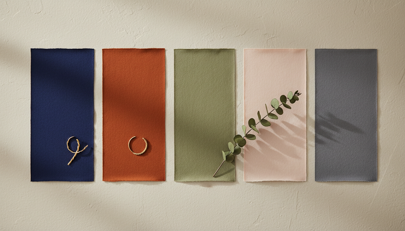 Палитра из пяти ключевых цветов Pre-Fall 2026, включая Индиго и Ржавчину