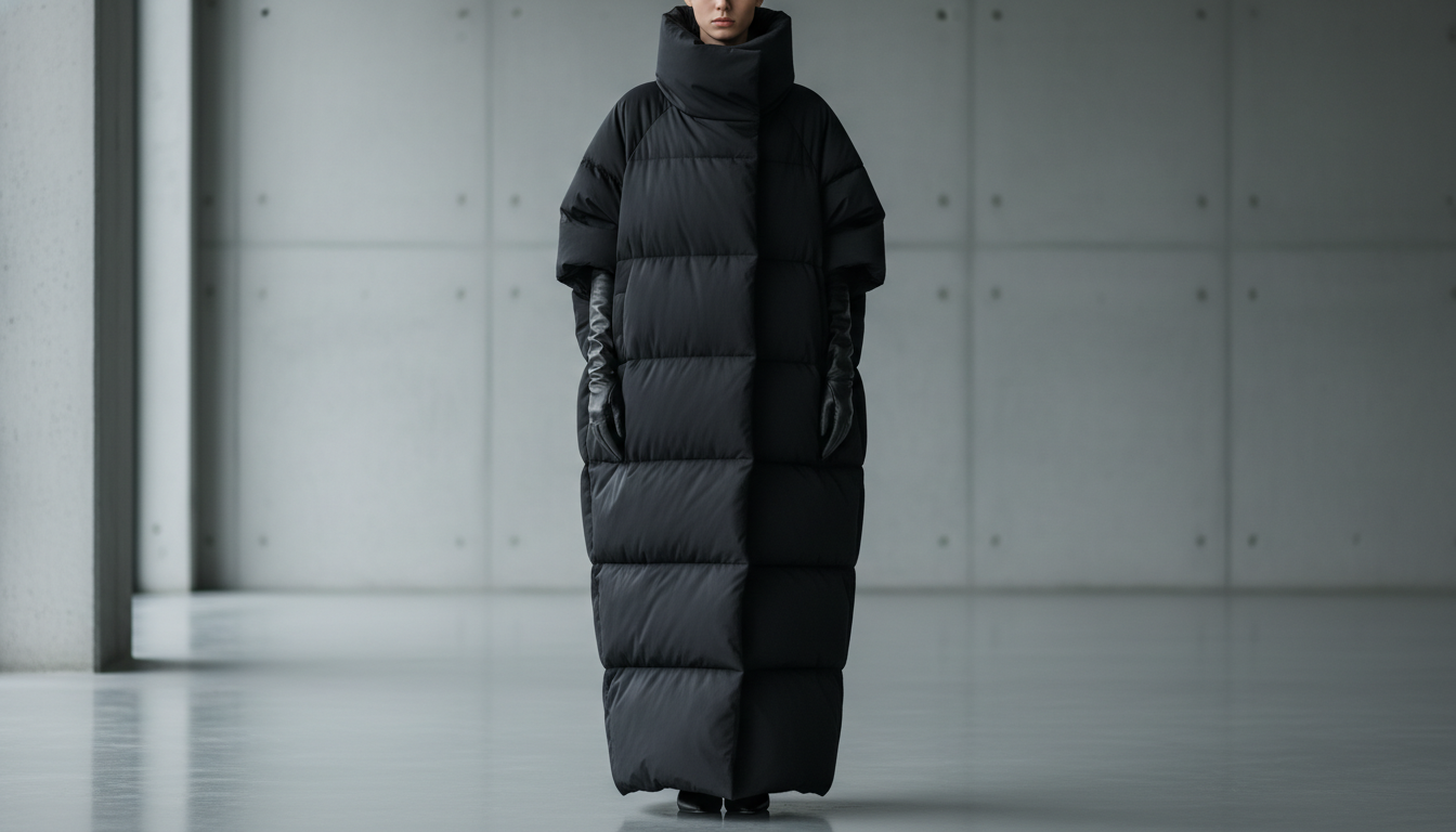 Стилизованный черный оверсайз пуховик-кокон длиной до пола с высоким воротником.