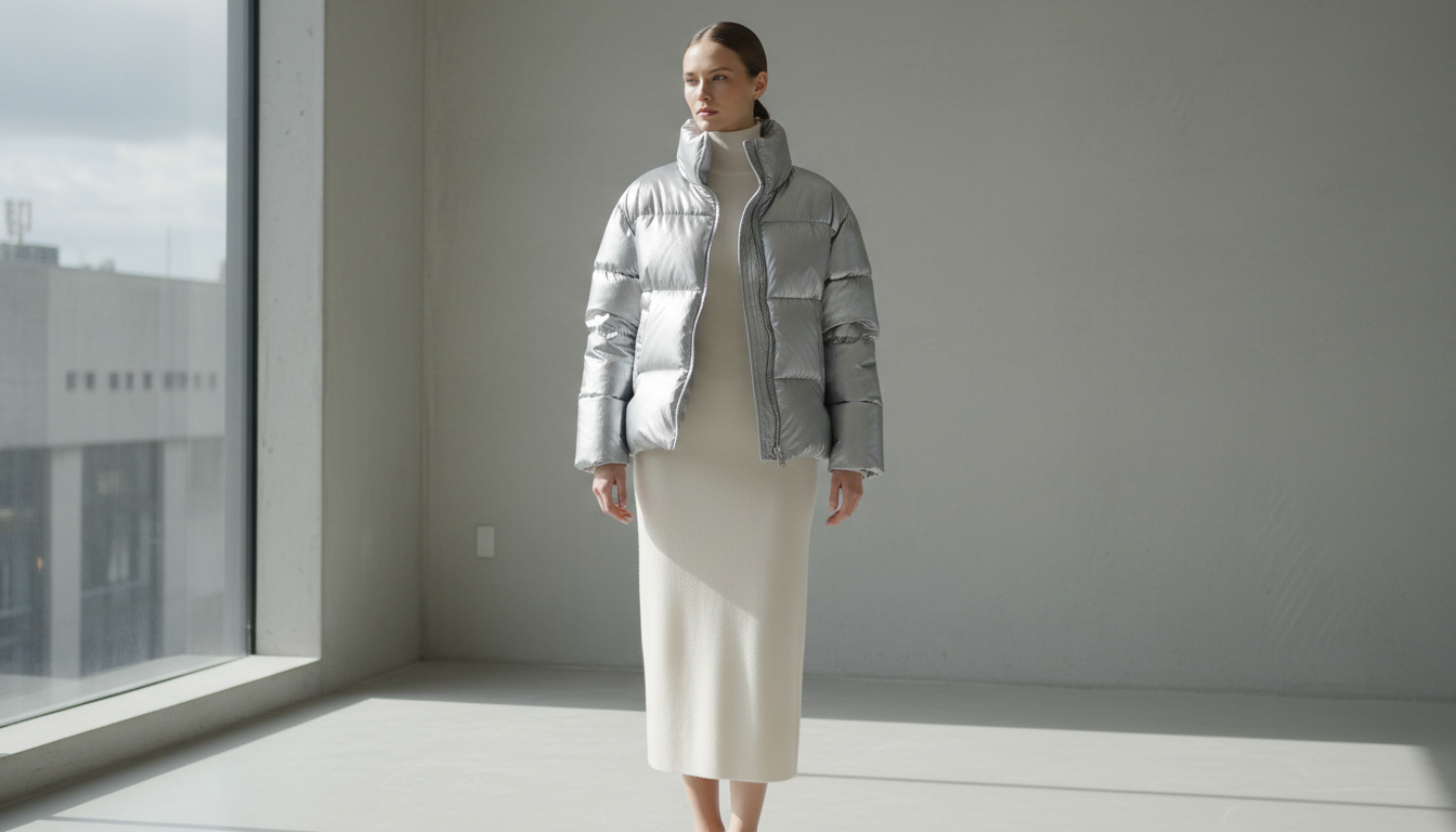 Пуховик из серебристого металлизированного материала с легким глянцевым блеском.