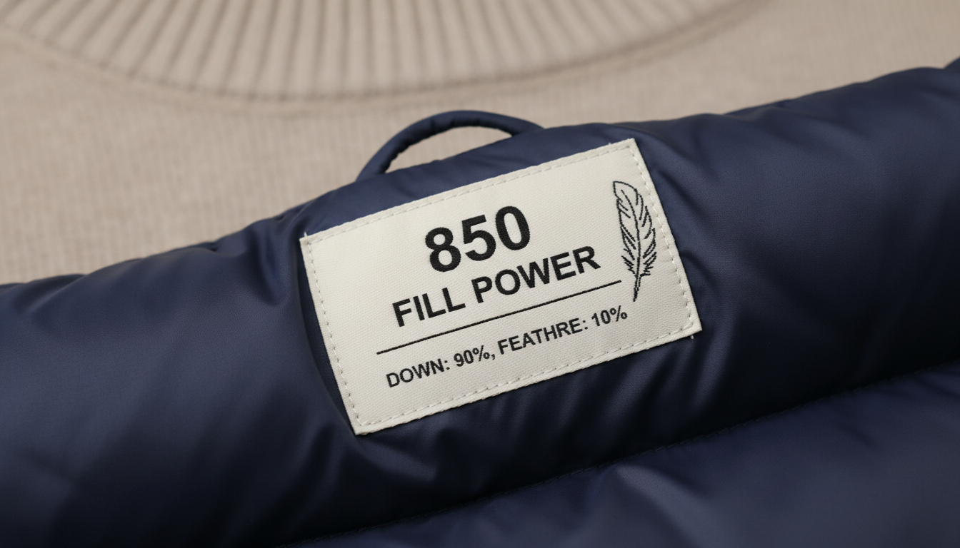 Детализированный снимок этикетки пуховика, показывающий высокий показатель Fill Power и состав наполнителя.
