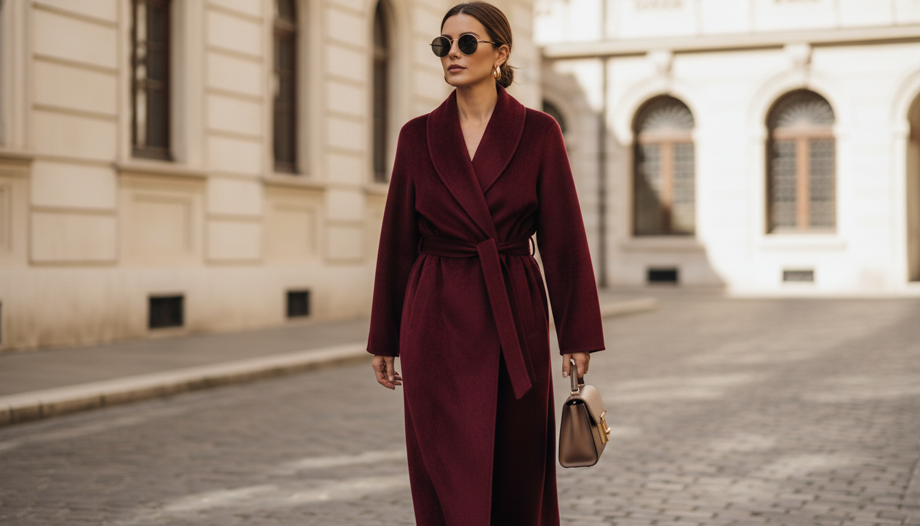 Яркое пальто-халат из мягкого кашемира цвета бургунди