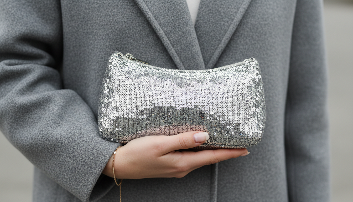 Крупный план блестящей сумки-багета в руке на фоне серого шерстяного пальто