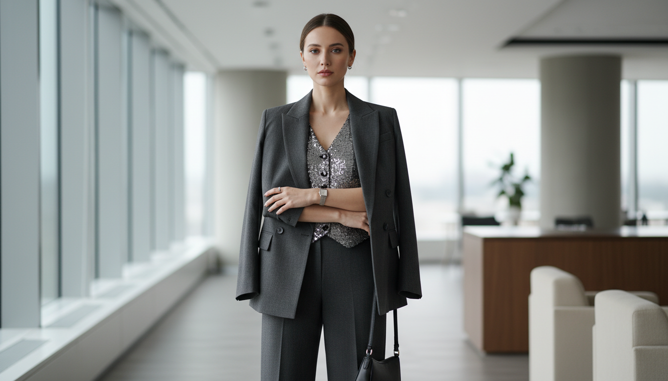 Офисный лук: строгий серый брючный костюм и виден край блестящего жилета